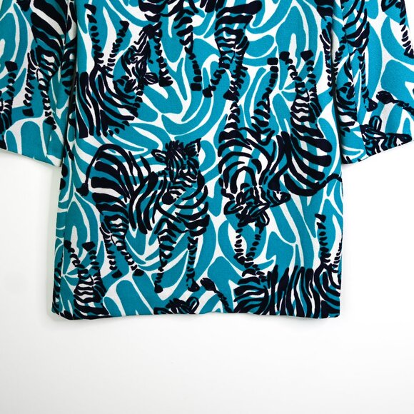 LILLY PULITZER Navy Teal White Zebra Print Long Sleeve Shift Dress - Size 2 - Picture 5 of 12